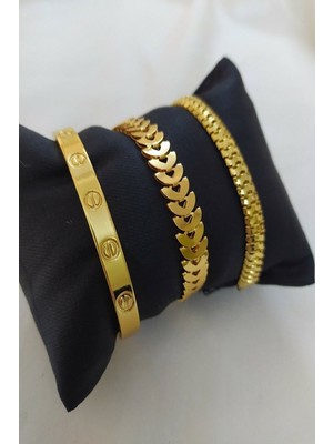 Trenddora Kadın Gold Renk Kılçık Model Tırtıl Model Düz Model Kararmaz Çelik Kombin Bileklik