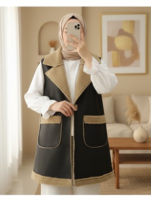 Modamorfo Içi Kuzu Peluş Çift Cepli Yelek  -Vizon