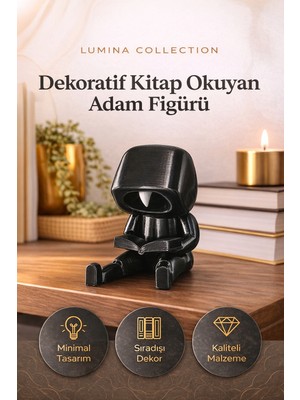 Korıxa Kitap Okuyan Adam Figürü – Dekoratif Minimal Biblo, Modern Masa Üstü Dekor Siyah