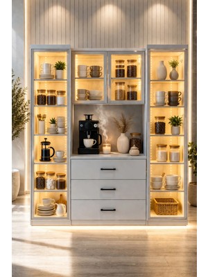 Setay Vitrinli Ünite, Liveo Kahve Köşesi + Çok Amaçlı Raflı Iki Kapaklı Dolap - Beyaz