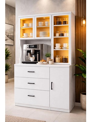 Setay Vitrinli Ünite, Adrea Kahve Köşesi + Çok Amaçlı Raflı Tek Kapaklı Dolap