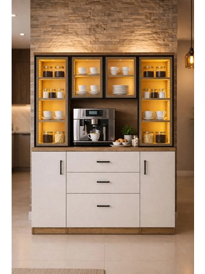 Setay Vitrinli Ünite, Adrea Kahve Köşesi + Çok Amaçlı Raflı Iki Kapaklı Dolap