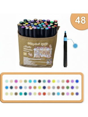 Gökyüzü Işığı 48LI Çok Renkli Akrilik Marker Kalem Seti - Capybara Desenli 132 mm Boyutunda