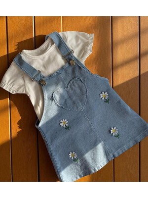 Altıntaş Baby Papatya Nakışlı Kalp Desenli Kot Görünümlü Pamuklu 2li Salopet Set