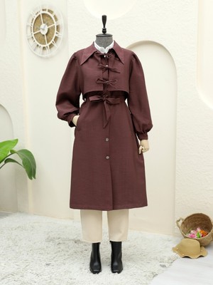 Modamorfo Önü Bağlama Detaylı Düğmeli Cepli Trençkot -Mürdüm