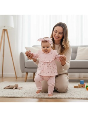 Ürünya Kız Bebek Uzun Kollu Desenli Bandanalı 3'lü Takım