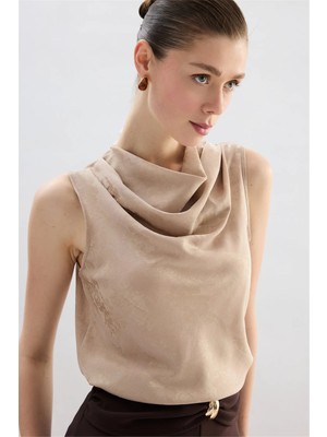 Sateen Y26 1969-1251 Degaje Yaka Jakarlı Bluz Bej
