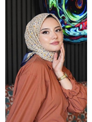 Afvente Mini Çiçek Desen İndigo Soft Pamuk Eşarp