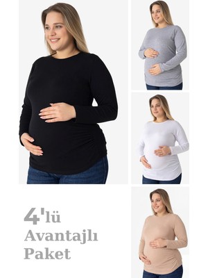 Arma Yıldız 4'lü Paket Renkli Uzun Kollu Hamile Tişört Pamuklu Likralı Yumuşak ve Esnek Kumaş
