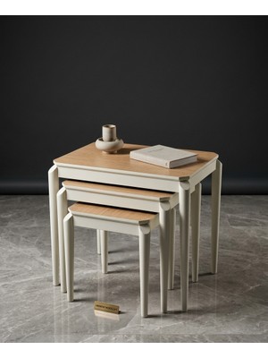 Balero Lüks 3’lü Zigon Sehpa Takımı - Meşe Kaplama Mdf & Gürgen Ayak - Krem Lake