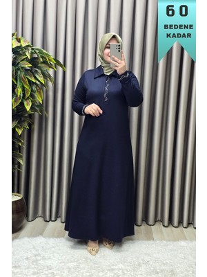 Elmas Tesettür Kadın Giyim Büyük Beden Yakası ve Kolu Taşlı Bsn Baskılı Elbise