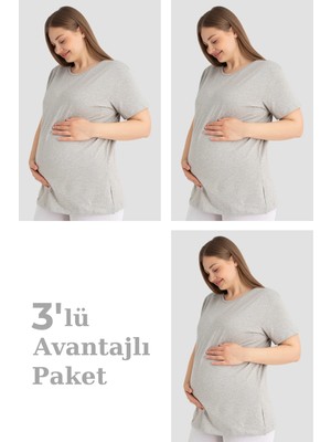Arma Yıldız Pamuklu Kısa Kollu Hamile Tişört Gri 3'lü Paket – Yumuşak ve Rahat Hamile Giyim