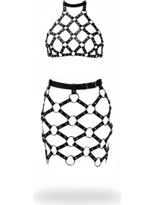 Pileli Store Pilelistore Siyah Etek Suni Deri Etek Metal Halkalı Mini Etek - BRF1289