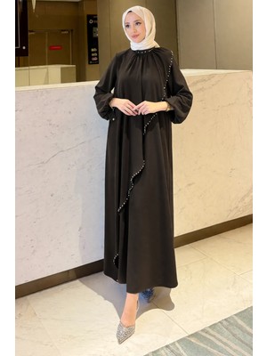 Tesettür Diyarı Krep Kumaş Kenarları Taş Işlemeli Nazende Elbise- Acı Kahve