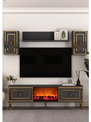 Cantek Dizayn TV0066-0066-TXA150-32 Şömineli Tv Ünitesi Takımı Antrasit-Altın