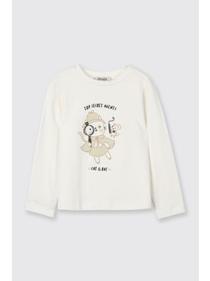 Panço Kız Bebek Baskı Detaylı Ekru Tişört