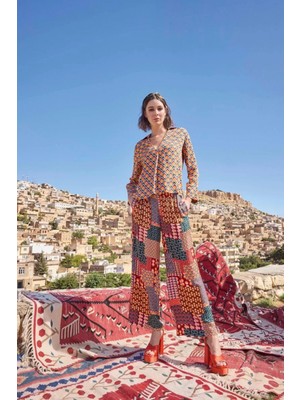 Pileli Store Pilelistore Etnik Desenli Saten Alt Üst Takım