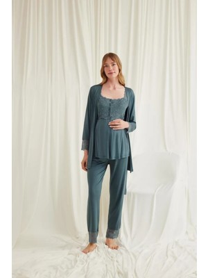 Pileli Store Pilelistore Dantelli Önü Düğmeli Hamile Lohusa 3'lü Viskon Pijama Takımı