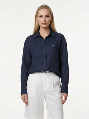 Xint Kadın Lacivert %100 Keten Oversize Gömlek