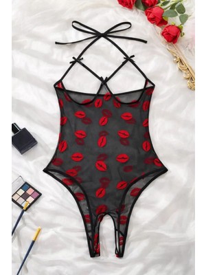 Pileli Store Pilelistore Öpücük Desenli Transparan Siyah Fantazi Iç Giyim TM1385