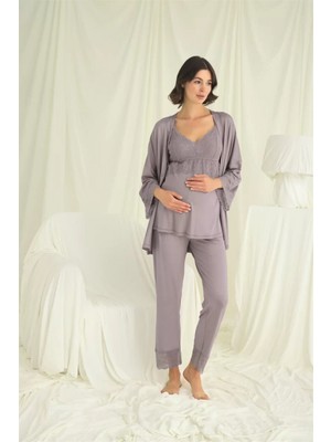 Pileli Store Pilelistore Dantelli Hamile Lohusa 3lü Pijama Takımı