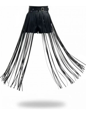 Pileli Store Pilelistore Siyah Etek Suni Deri Etek Uzun Püsküllü Yüksek Bel Etek - BRF1003