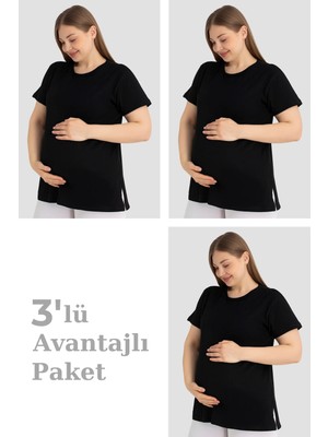 Arma Yıldız Pamuklu Kısa Kollu Hamile Tişört Siyah 3'lü Paket – Yumuşak ve Rahat Hamile Giyim