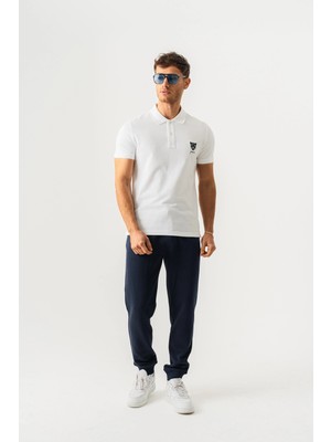 Piero Perla Polo Yaka Slim Fit Ön Jaguar Nakış Erkek Beyaz T-Shirt