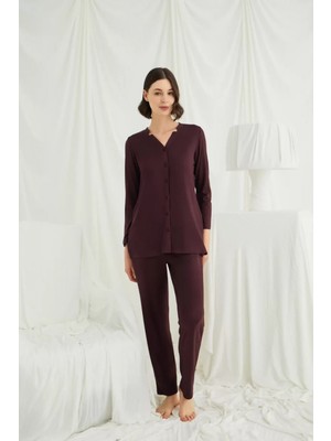 Pileli Store Pilelistore Uzun Kollu Boydan Düğmeli V Yaka Pijama Takımı