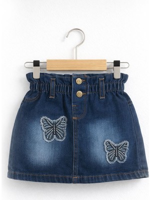 Overdo Kız Çocuk 1-4 Yaş Kelebek Desenli Taşlı Kot Etek