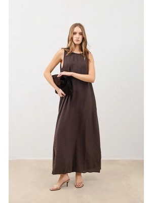 Antioch Koyu Kahve Dökümlü Halter Yaka Midi Elbise