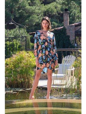 Pileli Store Pilelistore Viskon Çiçek ve Yaprak Desenli Uzun Kollu Elbise