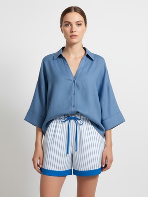 Xint Kadın Mavi %100 Keten Oversize Gömlek
