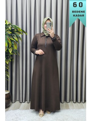 Elmas Tesettür Kadın Giyim Büyük Beden Yakası ve Kolu Taşlı Bsn Baskılı Elbise