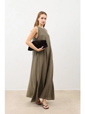 Antioch Haki Dökümlü Halter Yaka Midi Elbise