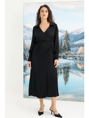 Pileli Store Pilelistore %100 Viskon Uzun Kollu Saten Elbise