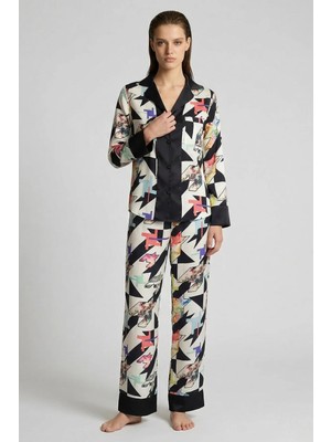 Feu De Elu Mixte Desenli Saten Detaylı Uzun Viskon Pijama Takımı