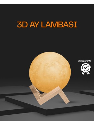 Ahşap Standlı 3D Baskı Ay Lambası 16 Renkli ve Şarjlı Uzaktan Kumandalı