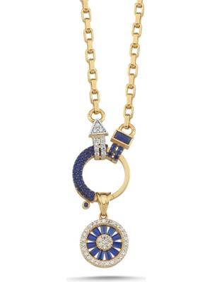 Sembol Gold 14 Ayar Altın Mavi Taşlı Nazar Detaylı Kilit Figürlü Kolye 50 cm