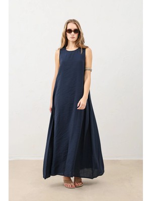 Antioch Lacivert Dökümlü Halter Yaka Midi Elbise