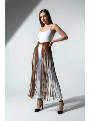 Pileli Store Pilelistore Kahverengi Etek Kalın Kemerli Uzun Ip Detaylı Etek - BRF1003