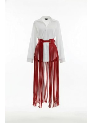 Pileli Store Pilelistore Kırmızı Etek Deri Püsküllü Uzun Maksi Kemerli - BRF1003