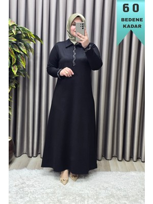 Elmas Tesettür Kadın Giyim Büyük Beden Yakası ve Kolu Taşlı Bsn Baskılı Elbise