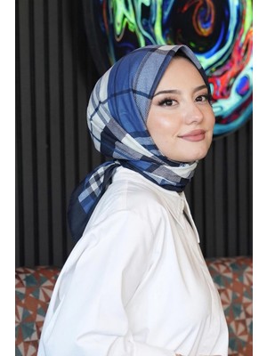 Afvente Kare-Çizgili Desen Mavi Soft Pamuk Eşarp - Lacivert - Gri