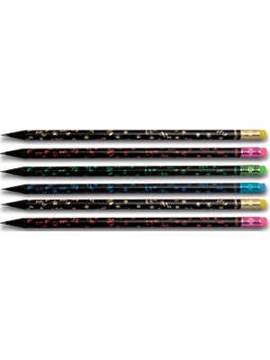 Faber-Castell Siyah Renkli 6'lı Party Silgili Yuvarlak Kurşun Kalem Ahşap Ölçülerle
