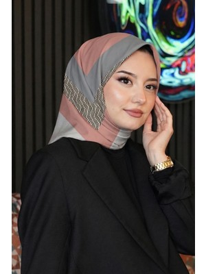 Afvente Geometrik Desen Gri - Somon Soft Pamuk Eşarp - Pudra