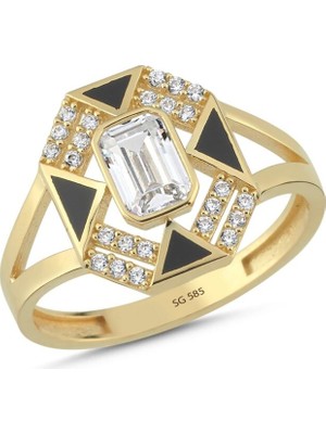 Sembol Gold 14 Ayar Geometrik Siyah Detaylı Altın Yüzük 2,55 gr