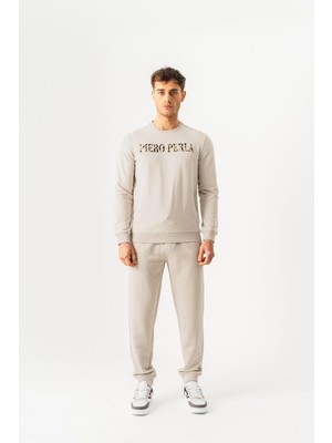 Piero Perla Bisiklet Yaka Jaguar Desen Flok Baskılı Regular Fit Taş Sweatshirt