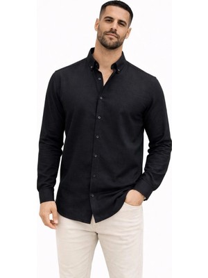 3 Erkek Keten Kumaş Oversize Uzun Ko Gömlek - Siyah