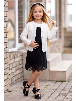 Riccotarz Kız Çocuk Gold Düğmeli Blazer Ceket, Bebe Yakalı Üzeri Boydan Dantel Işlemeli Siyah Elbise